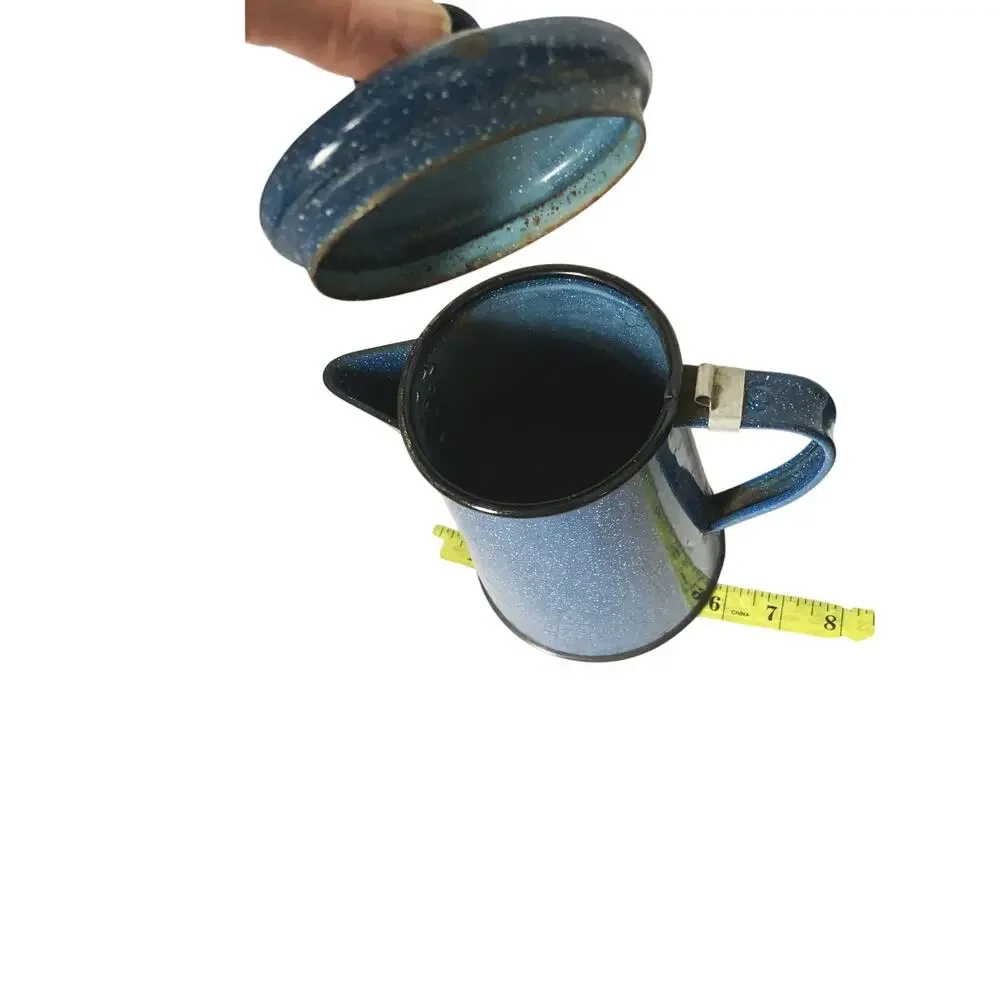 Vintage Blue Speckled Enamel Coffee Pot and Cup (Lid Clasp Attachment Missing)